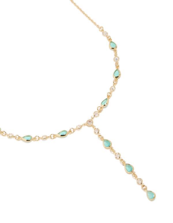 Gold Plated  Blue Cubic Zirconia Alternating Oval Y-Necklace