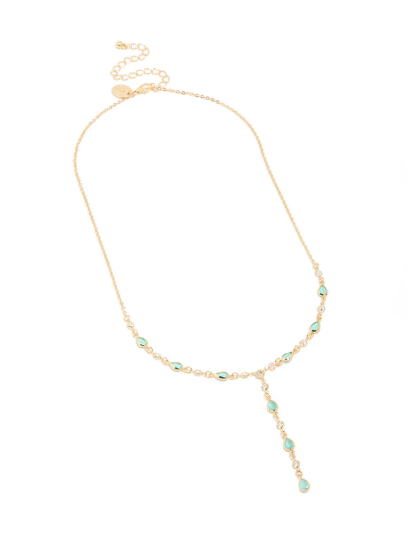 Gold Plated  Blue Cubic Zirconia Alternating Oval Y-Necklace