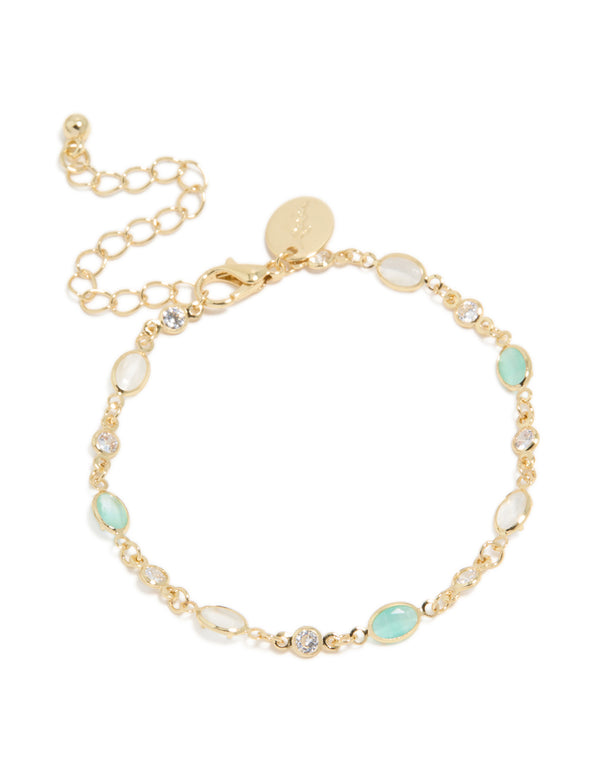 Gold Plated Clear & Blue Cubic Zirconia Oval Bracelet