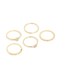 Showcasing gold plated crystal cubic zirconia stackable rings in aqua lavender and clear stones front view - link has visual effect only