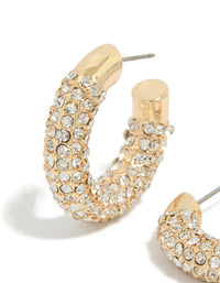 These gold diamante small hoop earrings showcase intricate embellished detailing on close up view - link has visual effect only