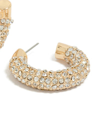 These gold diamante small hoop earrings showcase intricate embellished detailing on close up view - link has visual effect only