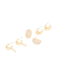 Crafted from gold, these chunky diamante hoop earrings in a 3-pack front view - link has visual effect only