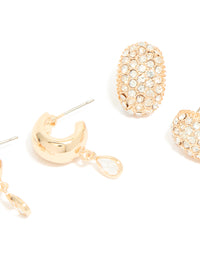 Highlighting these chunky gold diamante hoop earrings in a 3-pack close up view - link has visual effect only