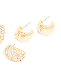 Featuring chunky gold diamante hoop earrings in a 3-pack post detail view - link has visual effect only