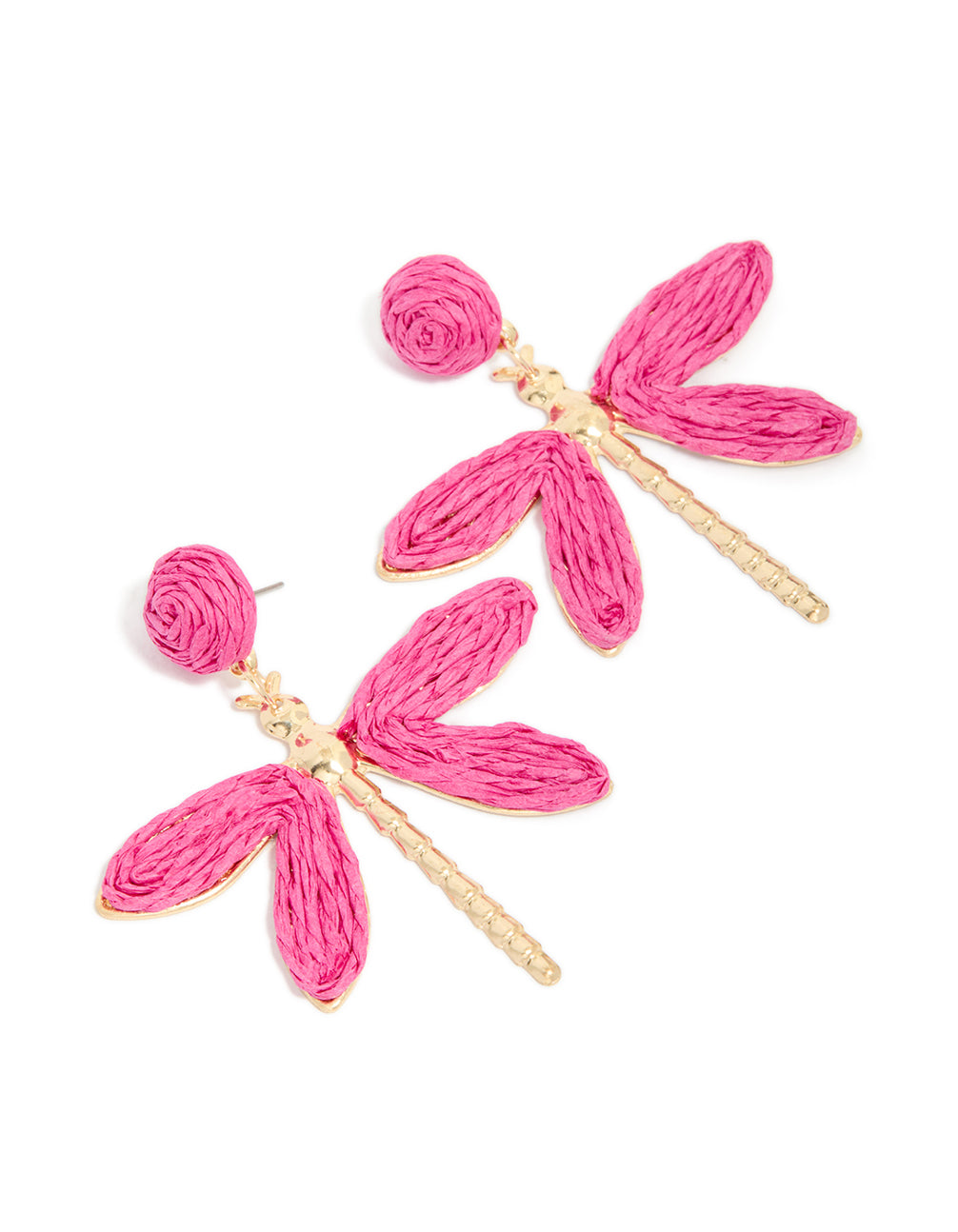 Gold Hot Pink Raffia Dragonfly Drop Earrings
