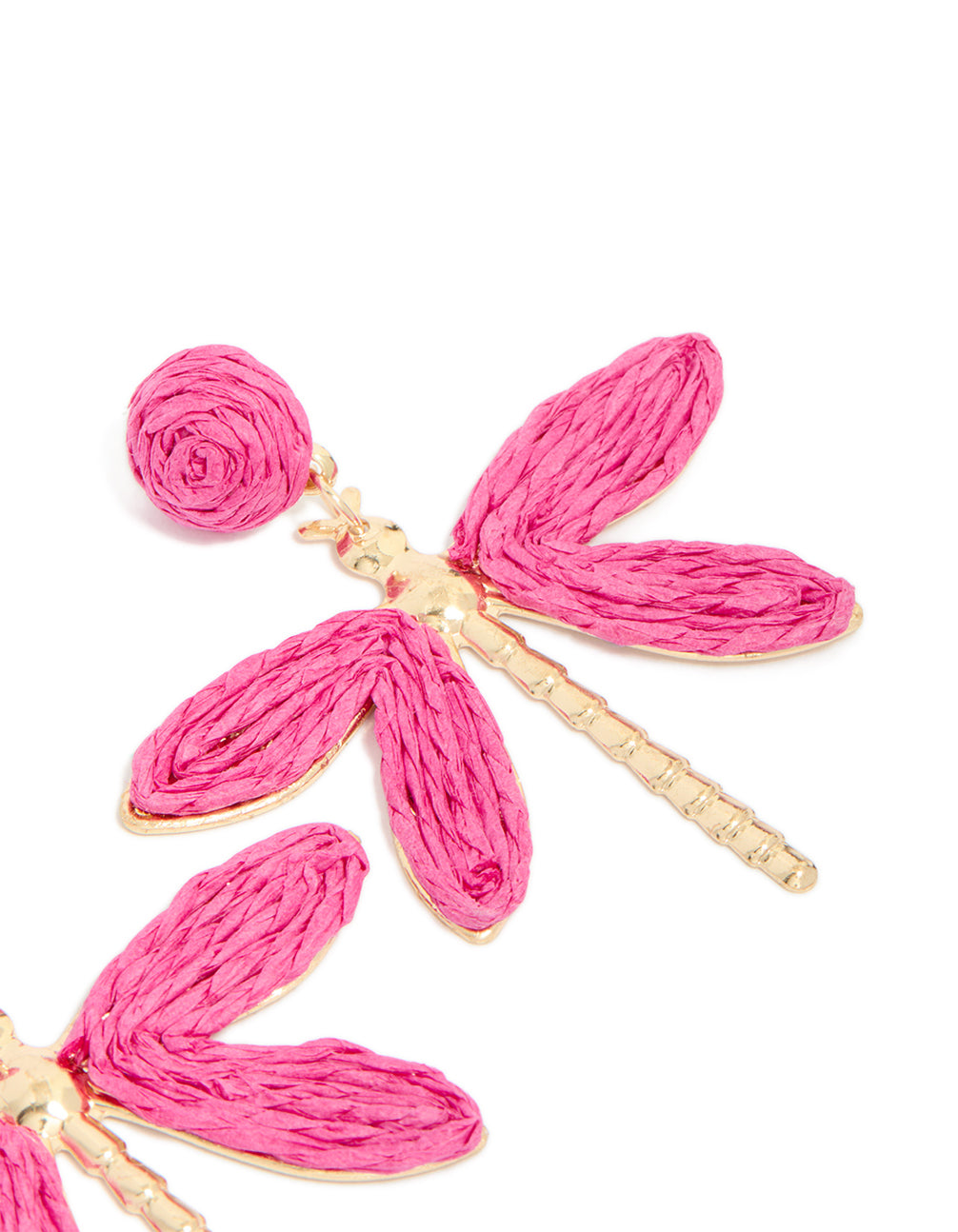 Gold Hot Pink Raffia Dragonfly Drop Earrings