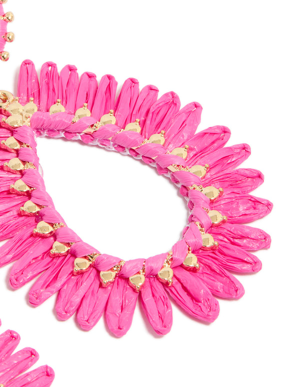 Gold Hot Pink Raffia Oval Drop Earrings