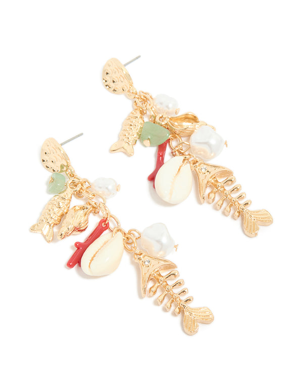 Gold Fish Charm Drop Earrings