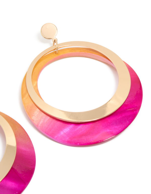 Gold Two Tone Pink Shell Open Disc Drop Earrings