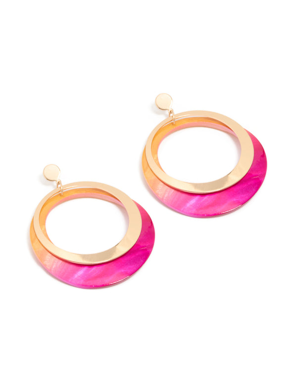 Gold Two Tone Pink Shell Open Disc Drop Earrings