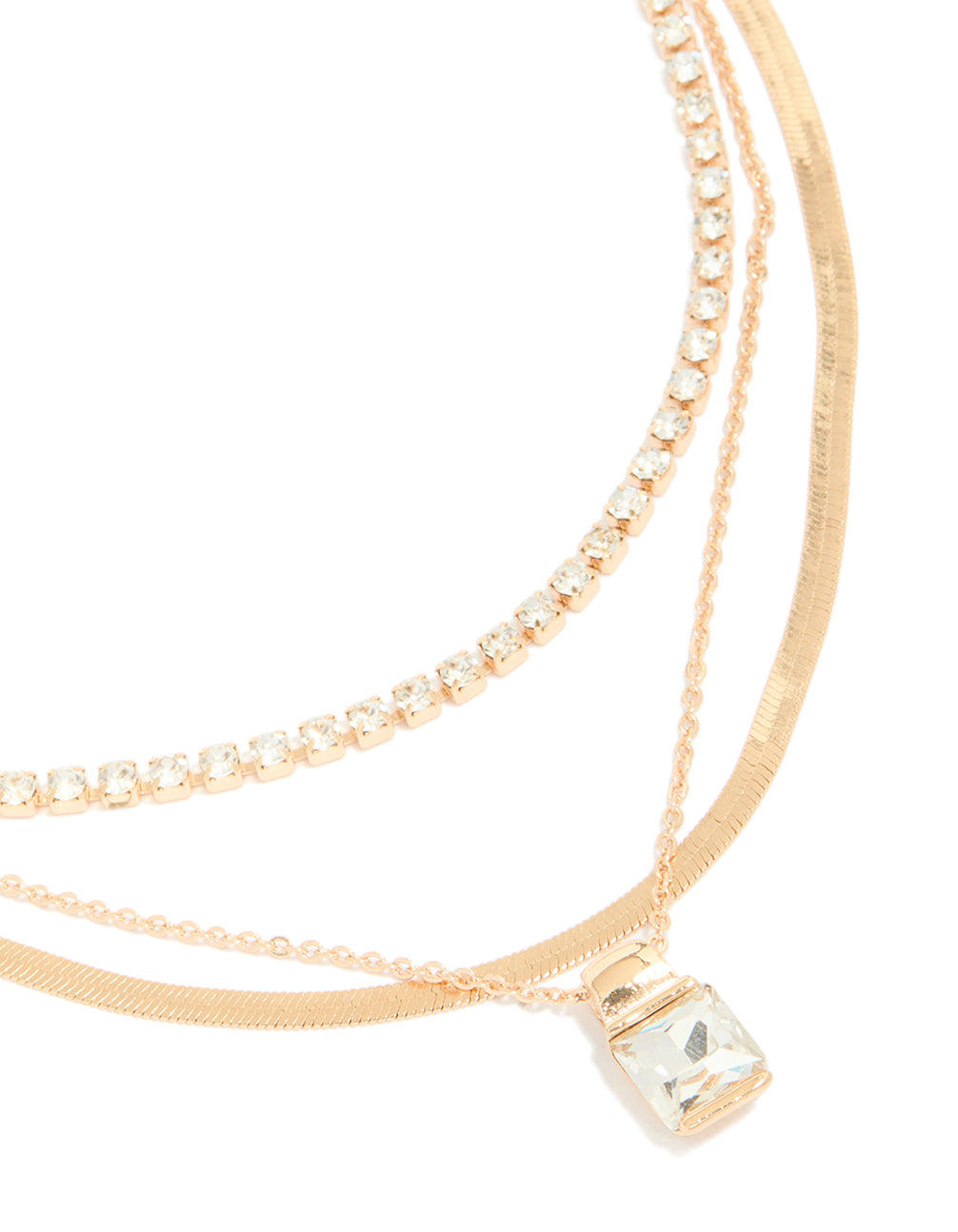 Discover this gold diamante and snake chain layered necklace with pendant close up view