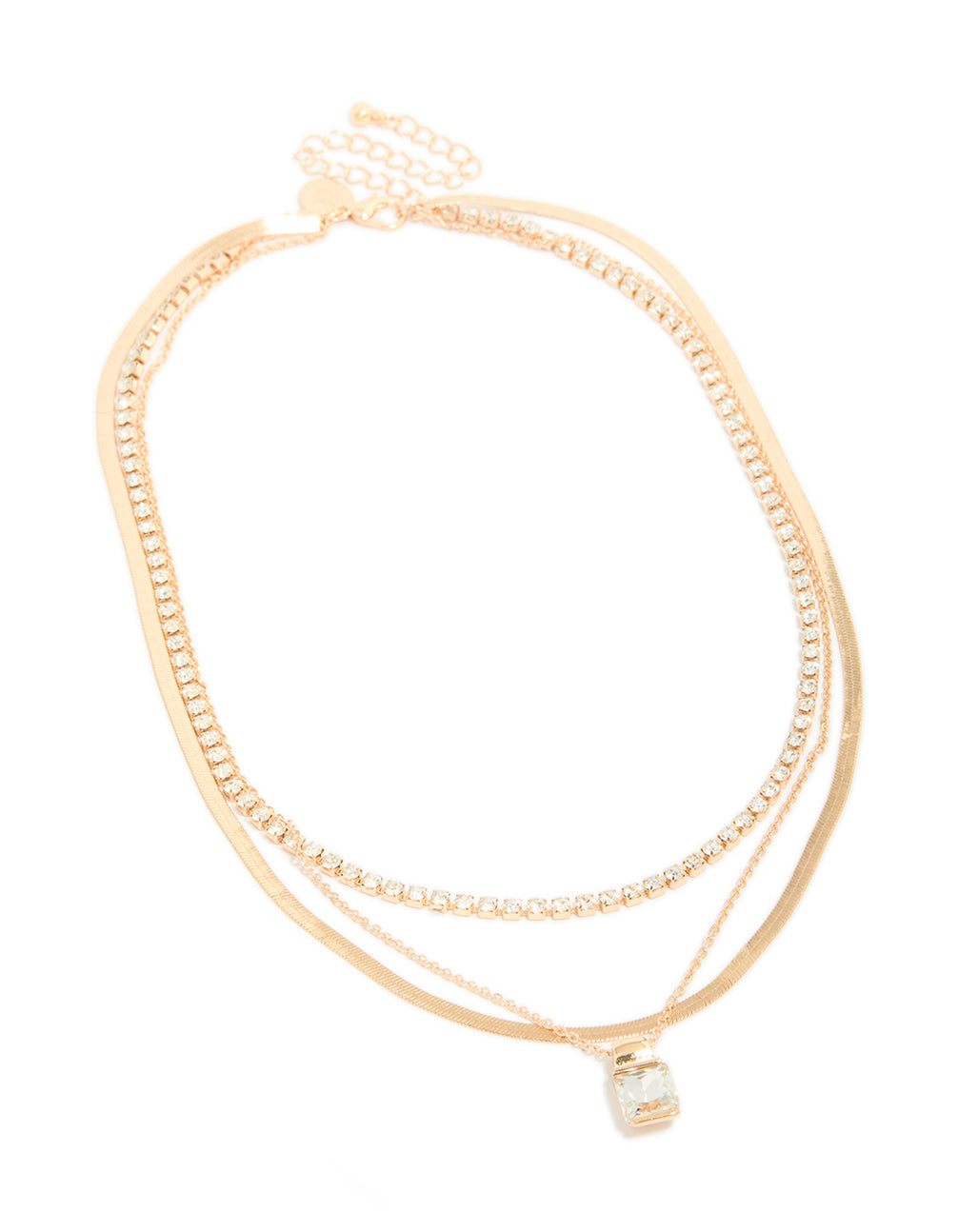 Showcasing a gold diamante and snake chain layered necklace with pendant front view