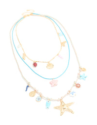 Gold Blue Cord Sea Charm Layered Necklace - link has visual effect only