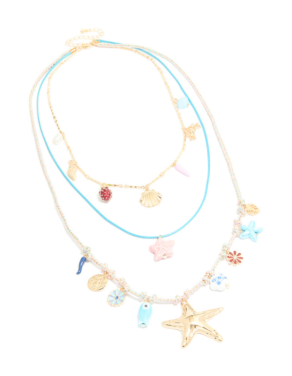 Gold Blue Cord Sea Charm Layered Necklace
