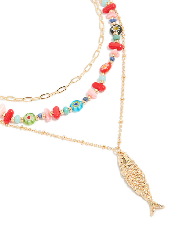 Gold Fish Pendant & Multicoloured Beaded Layered Necklace