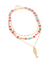 Gold Fish Pendant & Multicoloured Beaded Layered Necklace - link has visual effect only