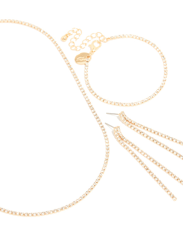 Gold Diamante Tennis Bracelet, Earrings & Necklace Pack