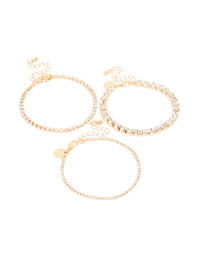 Elegant diamante tennis bracelets in a 3-packin gold front view - link has visual effect only