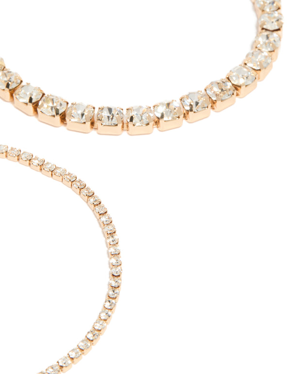 Beautiful gold diamante tennis bracelets in a 3-pack close up view