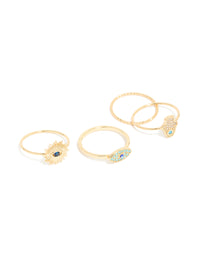 Gold Plated Cubic Zirconia  Evil Eye & Hamsa Hand Rings 4-Pack - link has visual effect only
