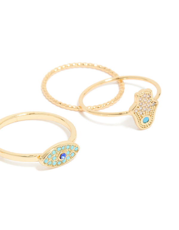 Gold Plated Cubic Zirconia  Evil Eye & Hamsa Hand Rings 4-Pack