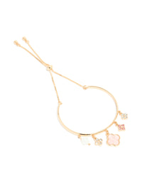 Featuring a gold pink flowers charm toggle bangle with floral accents and statement design front view - link has visual effect only