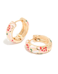 Showcasing gold enamel floral thick earrings with chunky huggie closure in pink, red, and green pattern front view - link has visual effect only