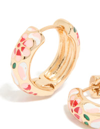 Designed with gold enamel floral thick earrings featuring chunky huggie closure and pink, red, green pattern close up view - link has visual effect only