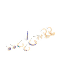 Showcasing gold diamante featuring evil eye and cross earrings in a 5-pack set designs with hoop and stud closures in blue and aqua tones front view - link has visual effect only