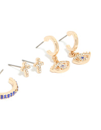 Crafted from gold with diamante featuring evil eye and cross details in a 5-pack, hoop and stud closures in blue and aqua tones post detail view - link has visual effect only