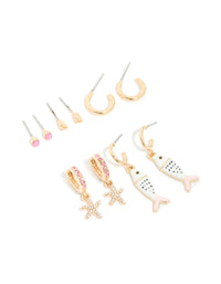 Gold Pink & Enamel Fish Earrings 5-Pack - link has visual effect only