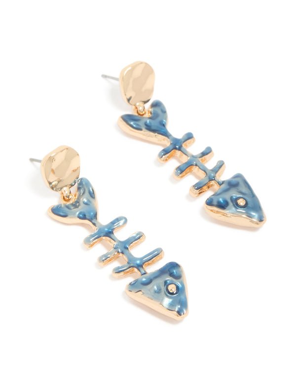 Gold Blue Fish Skeleton Drop Earrings