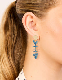 Gold Blue Fish Skeleton Drop Earrings - link has visual effect only