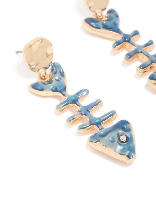 Gold Blue Fish Skeleton Drop Earrings