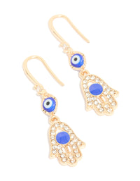 These gold cubic zirconia evil eye and hamsa hand drop earrings feature charm, white, black, and royal blue elements in front view - link has visual effect only