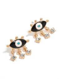 Showcasing gold evil eye stud earrings with charm and dark turquoise accents front view - link has visual effect only