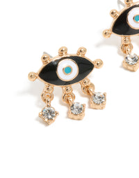 Featuring gold evil eye stud earrings with charm detailing and dark turquoise center close up view - link has visual effect only