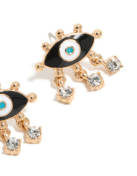 Crafted from gold with evil eye charm design, stud earrings in dark turquoise and white post detail view - link has visual effect only