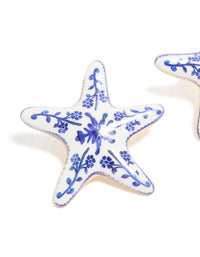 Gold White & Dark Blue Painted  Floral Starfish Stud Earrings - link has visual effect only