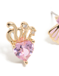 Gold Link Pink Cubic Zirconia Heart & Shell Stud Earrings - link has visual effect only