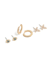 Gold Cubic Zirconia Evil Eye & Cross Earrings 3-Pack - link has visual effect only