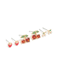 Showcasing gold strawberry and cherries earrings in a 3-pack featuring fruit, leaf and pearl accents with stud closure in red, green, and white front view - link has visual effect only