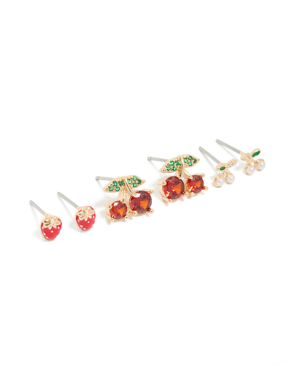 Showcasing gold strawberry and cherries earrings in a 3-pack featuring fruit, leaf and pearl accents with stud closure in red, green, and white front view