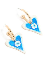 Gold Blue Heart With A Flower Inside Huggie Earrings - link has visual effect only