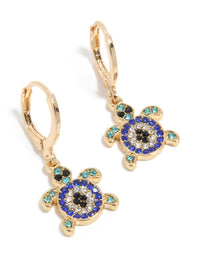 Gold Blue Diamante Turtle Huggie Earrings - link has visual effect only
