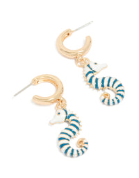 Gold Blue & White Seahorse Open Hoop Earrings - link has visual effect only