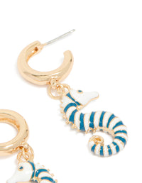 Gold Blue & White Seahorse Open Hoop Earrings - link has visual effect only