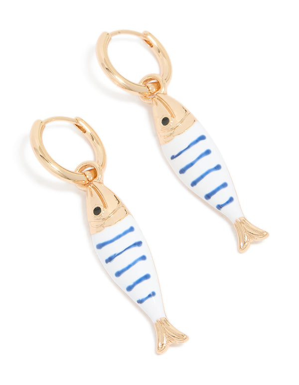 Gold White & Blue Striped Fish Huggie Earrings