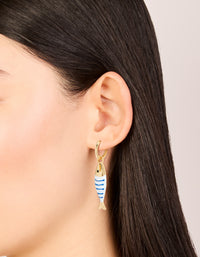 Gold White & Blue Striped Fish Huggie Earrings - link has visual effect only